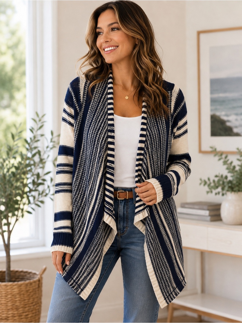 Lucky Brand Women’s M Navy Cream Striped Waterfall Cardigan Open Front Sweater